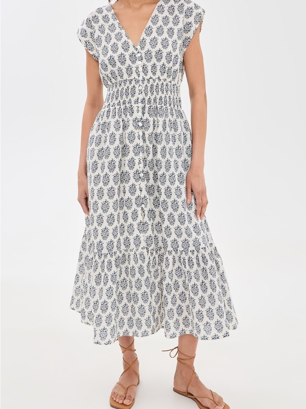 Smocked V-Neck Maxi Dress in White with Navy Motif